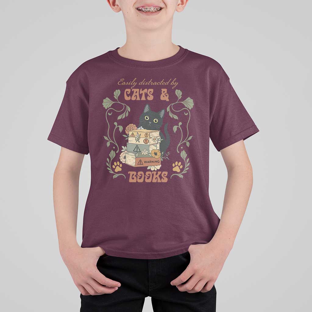 Cute Bookworm Gift T Shirt For Kid Easily Distracted By Cats And Books - Wonder Print Shop