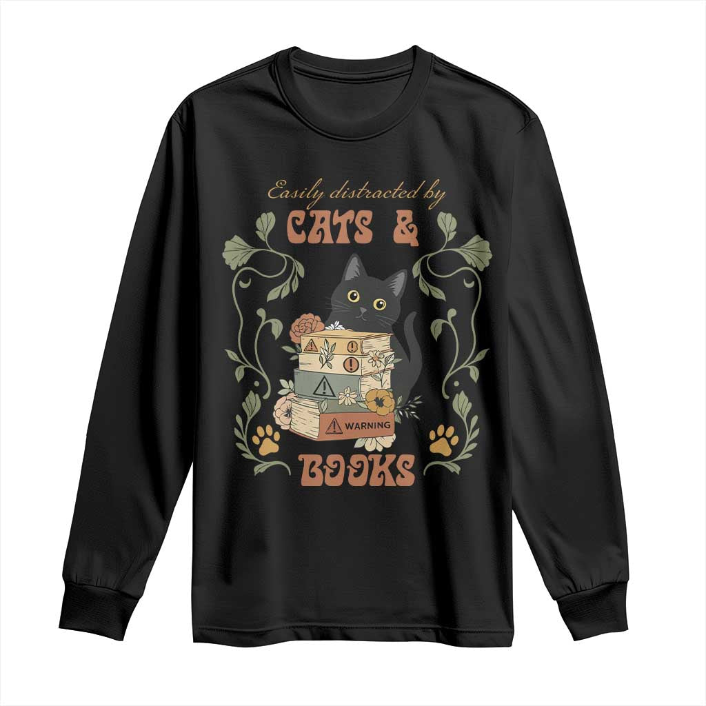Cute Bookworm Gift Long Sleeve Shirt Easily Distracted By Cats And Books - Wonder Print Shop