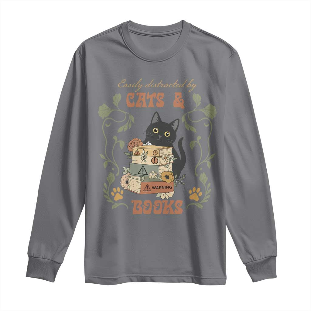 Cute Bookworm Gift Long Sleeve Shirt Easily Distracted By Cats And Books - Wonder Print Shop
