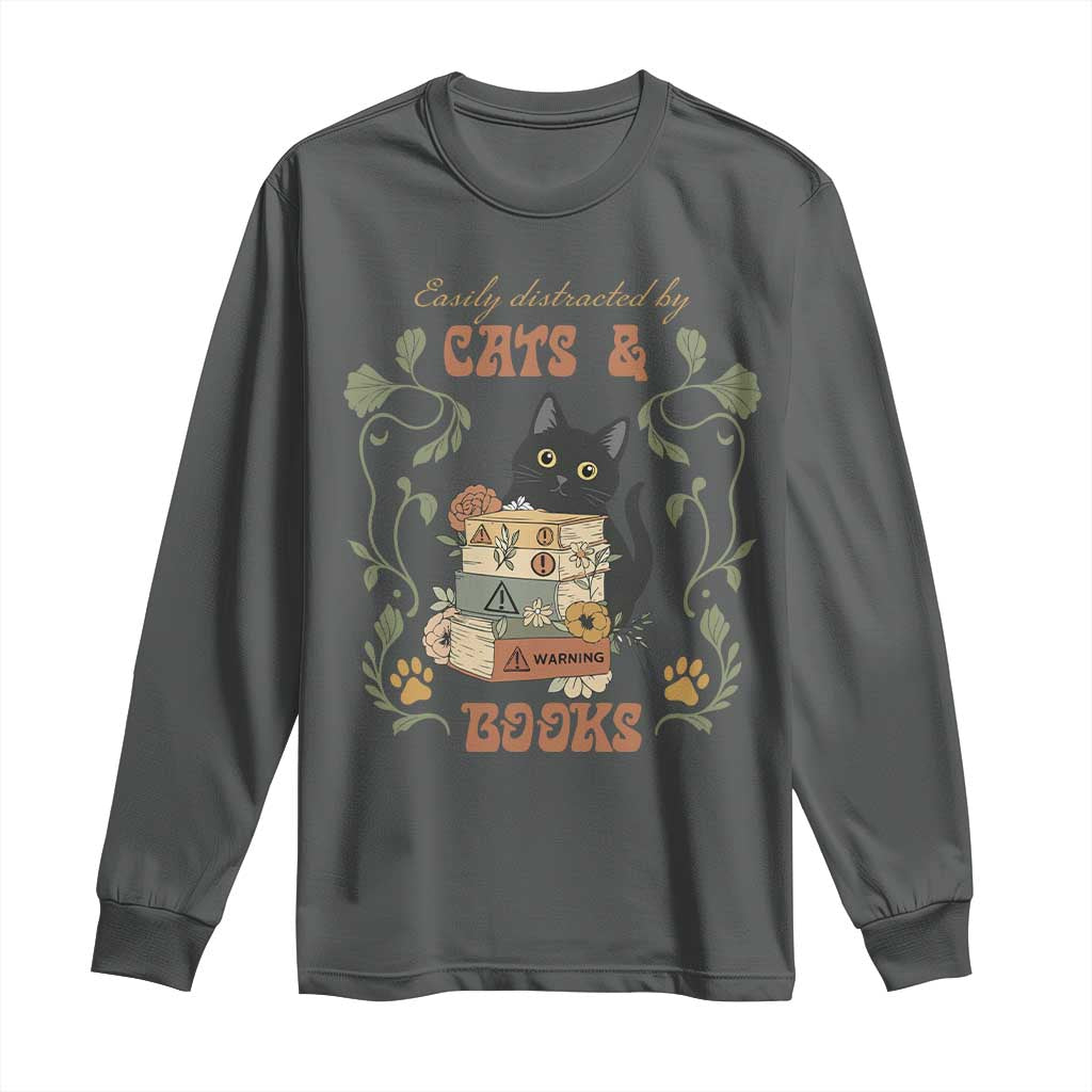 Cute Bookworm Gift Long Sleeve Shirt Easily Distracted By Cats And Books - Wonder Print Shop