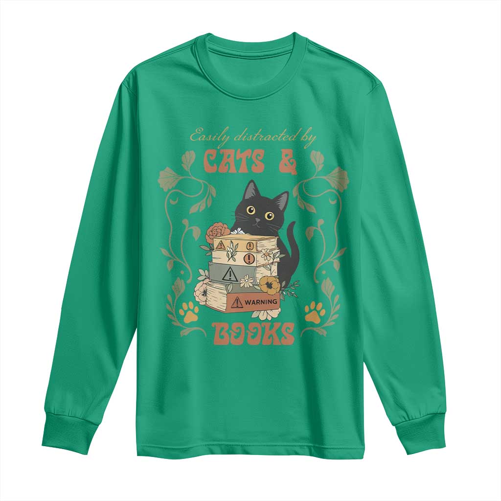 Cute Bookworm Gift Long Sleeve Shirt Easily Distracted By Cats And Books - Wonder Print Shop