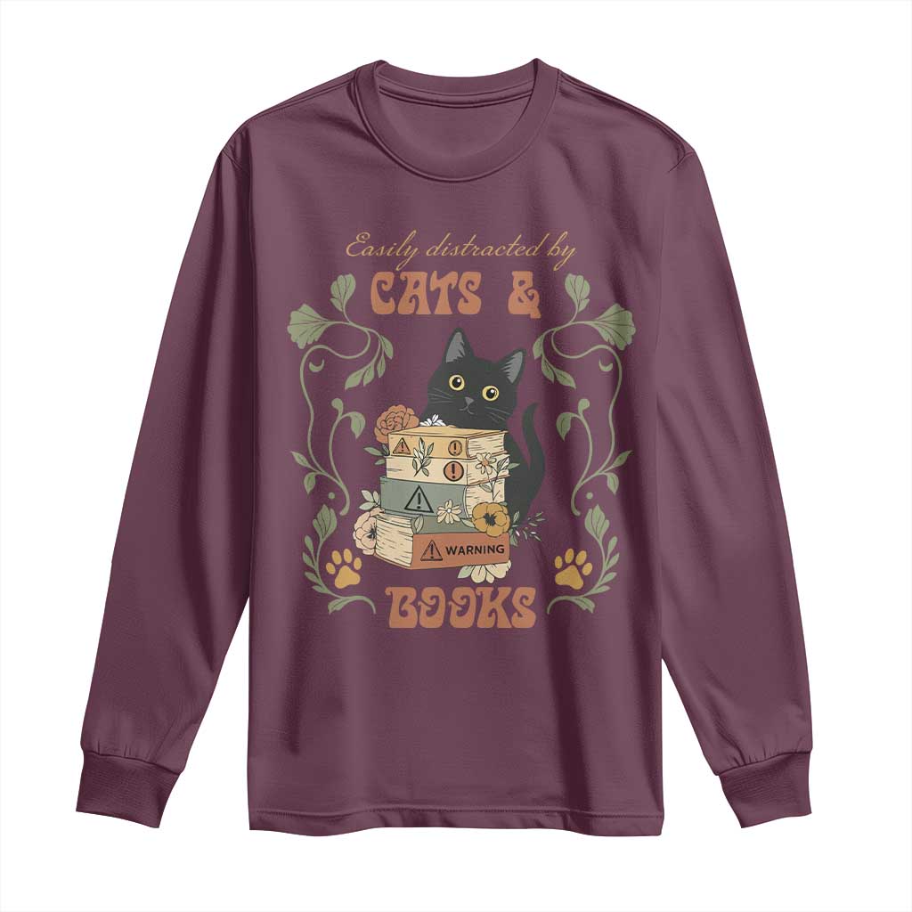 Cute Bookworm Gift Long Sleeve Shirt Easily Distracted By Cats And Books - Wonder Print Shop