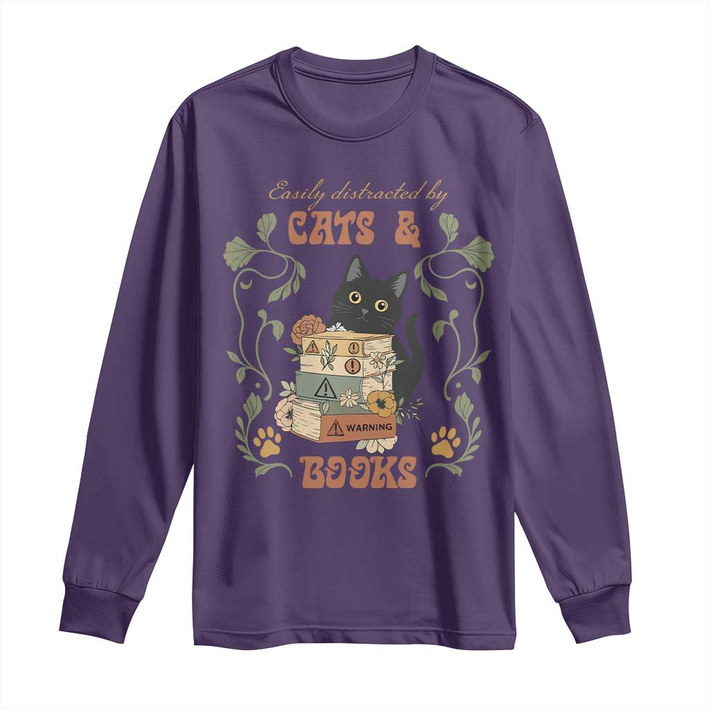 Cute Bookworm Gift Long Sleeve Shirt Easily Distracted By Cats And Books - Wonder Print Shop