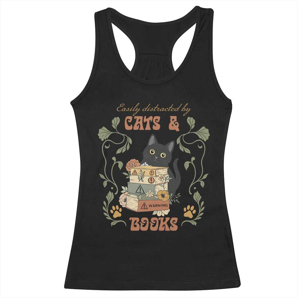 Cute Bookworm Gift Racerback Tank Top Easily Distracted By Cats And Books - Wonder Print Shop