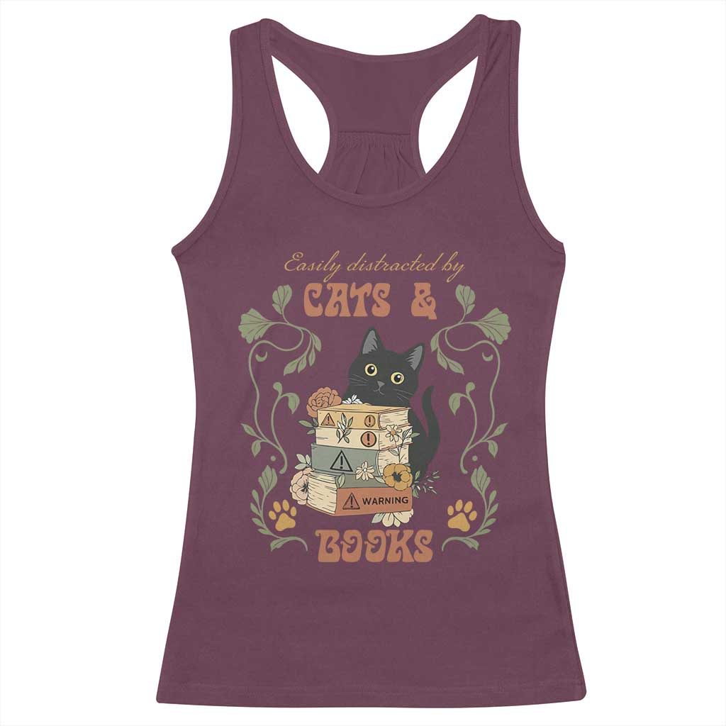 Cute Bookworm Gift Racerback Tank Top Easily Distracted By Cats And Books - Wonder Print Shop