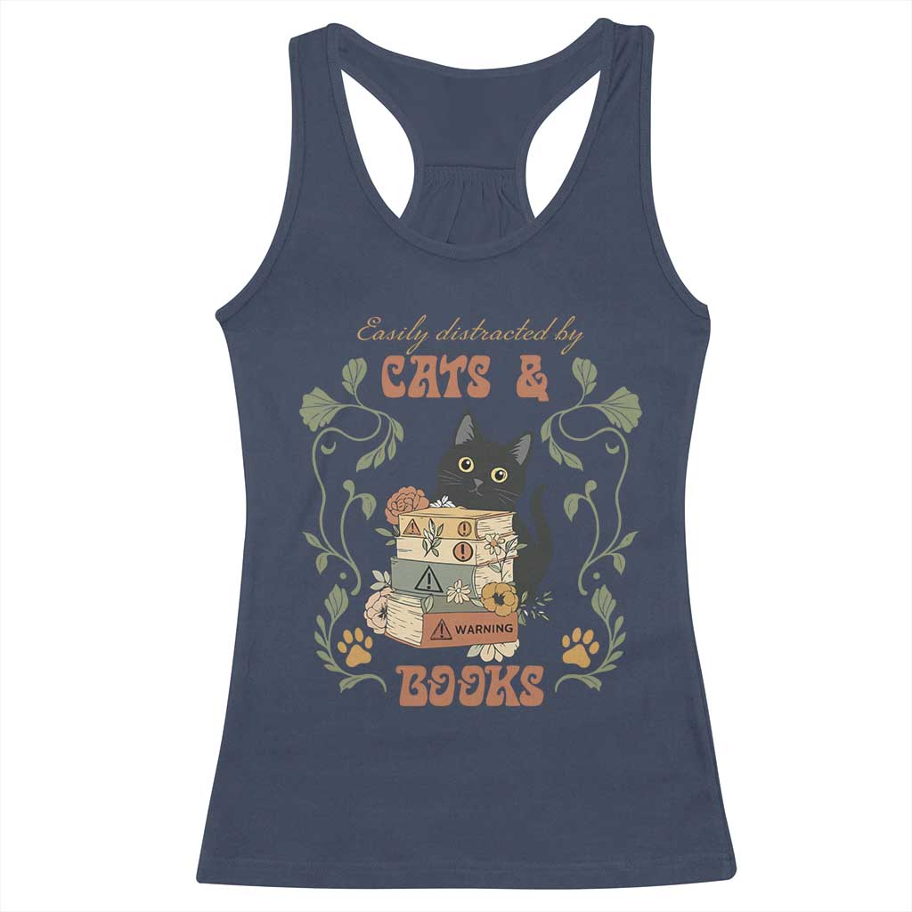 Cute Bookworm Gift Racerback Tank Top Easily Distracted By Cats And Books - Wonder Print Shop