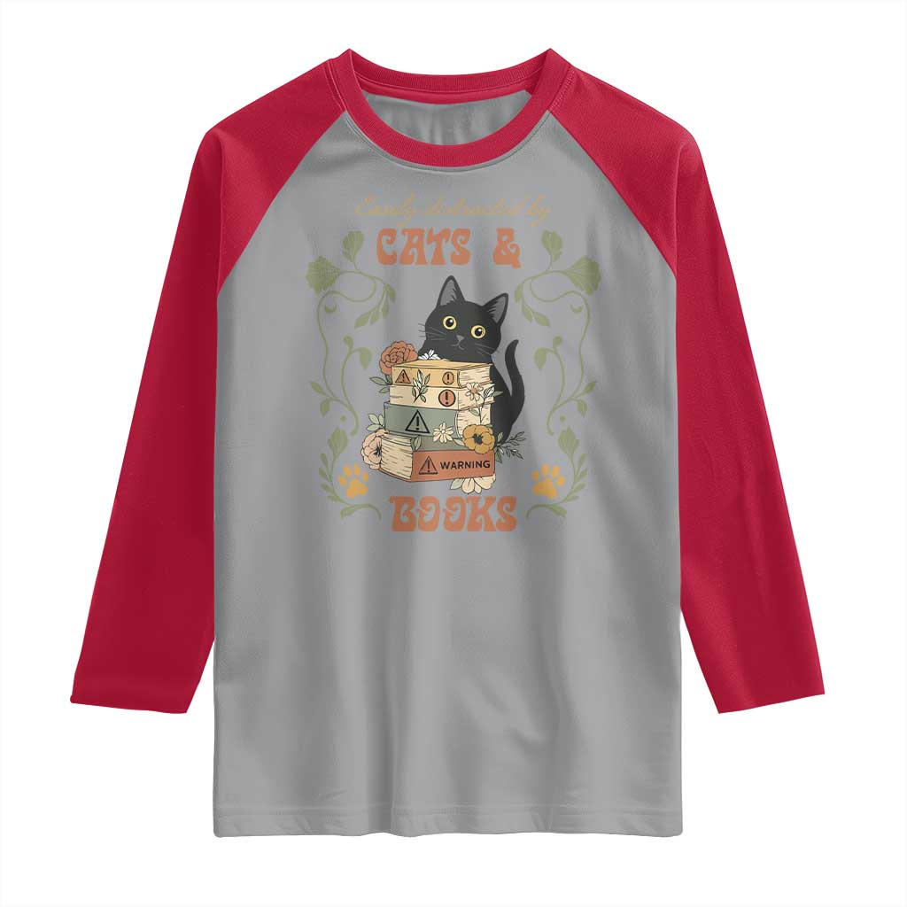 Cute Bookworm Gift Raglan Shirt Easily Distracted By Cats And Books - Wonder Print Shop