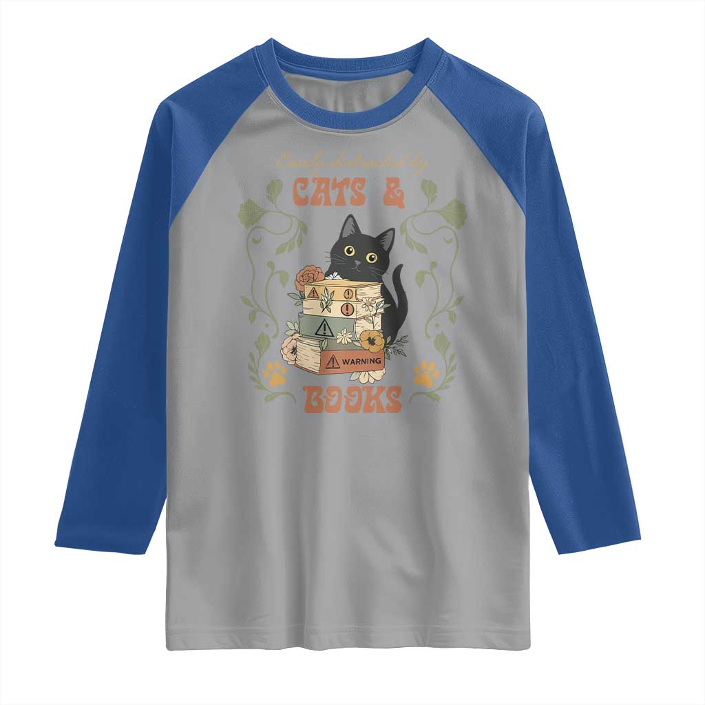 Cute Bookworm Gift Raglan Shirt Easily Distracted By Cats And Books - Wonder Print Shop