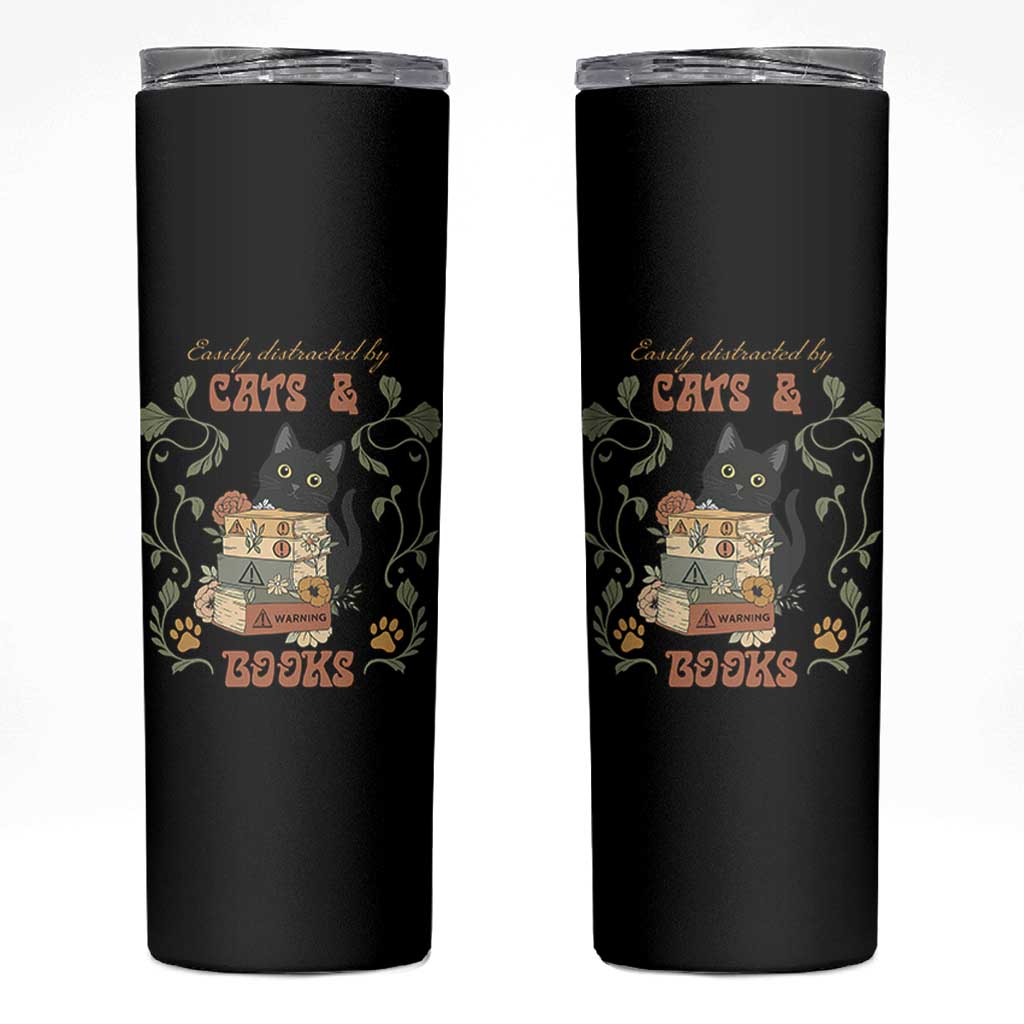 Cute Bookworm Gift Skinny Tumbler Easily Distracted By Cats And Books