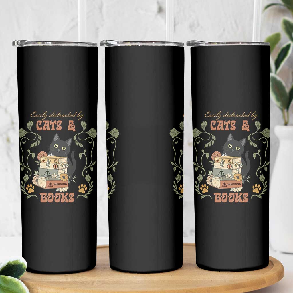 Cute Bookworm Gift Skinny Tumbler Easily Distracted By Cats And Books