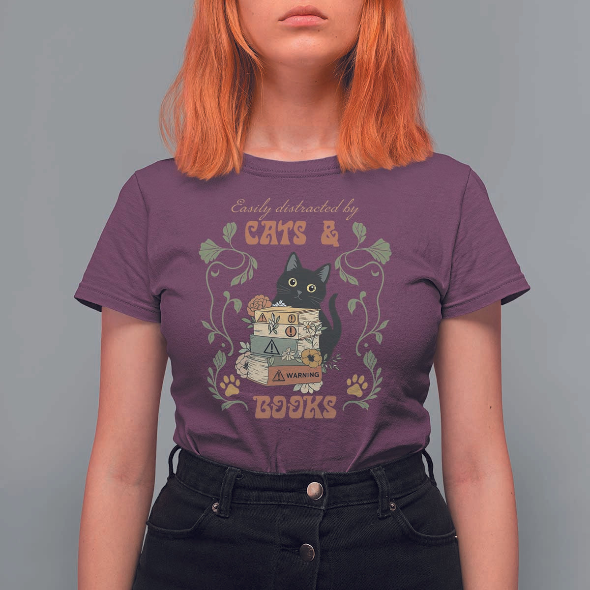 Cute Bookworm Gift T Shirt For Women Easily Distracted By Cats And Books - Wonder Print Shop