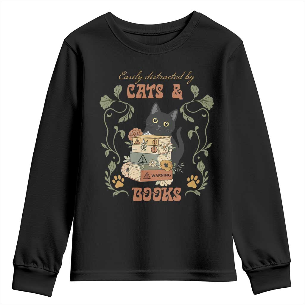 Cute Bookworm Gift Youth Sweatshirt Easily Distracted By Cats And Books - Wonder Print Shop