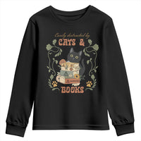 Cute Bookworm Gift Youth Sweatshirt Easily Distracted By Cats And Books - Wonder Print Shop