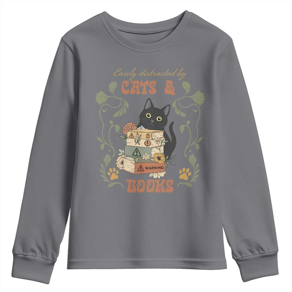Cute Bookworm Gift Youth Sweatshirt Easily Distracted By Cats And Books - Wonder Print Shop