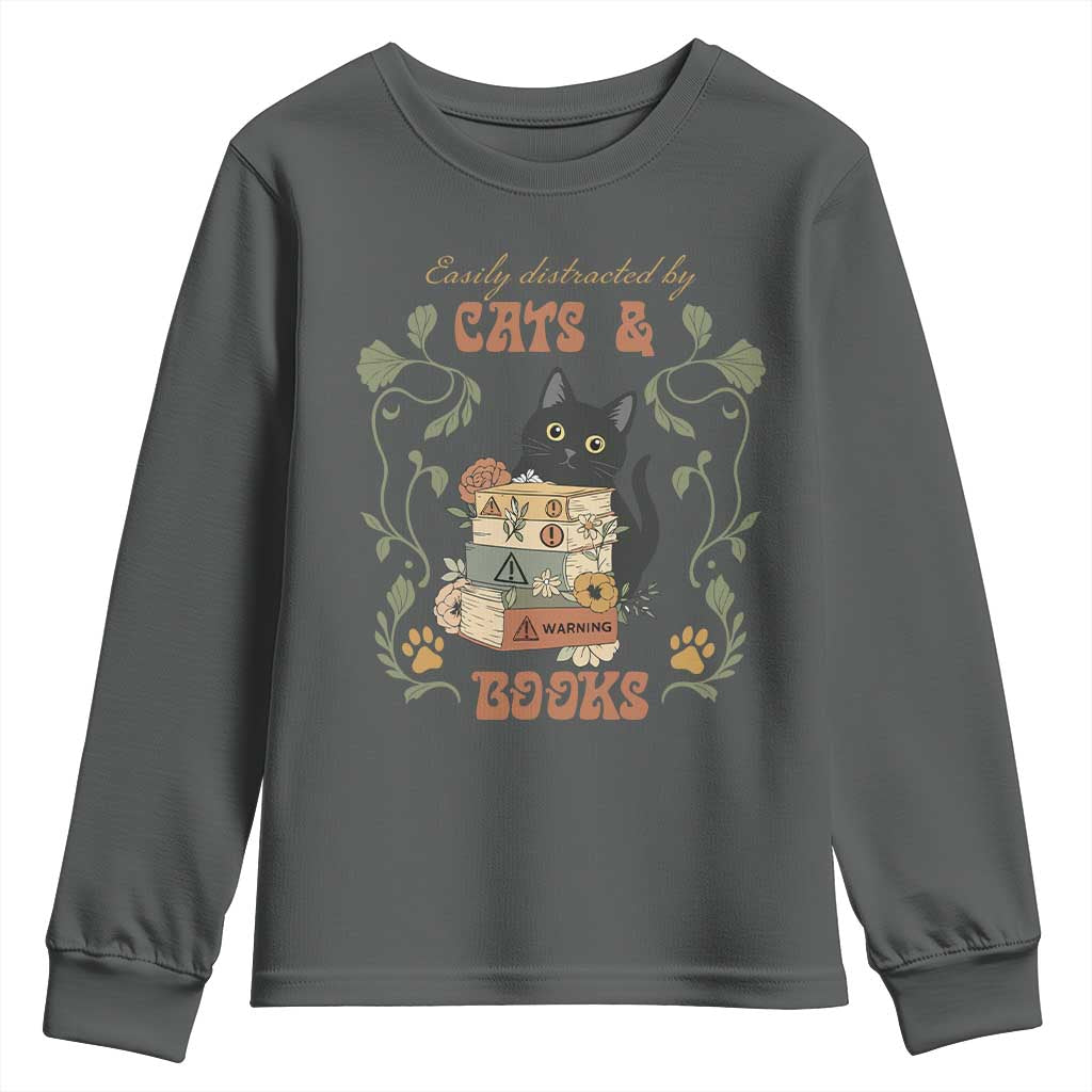 Cute Bookworm Gift Youth Sweatshirt Easily Distracted By Cats And Books - Wonder Print Shop