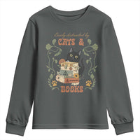 Cute Bookworm Gift Youth Sweatshirt Easily Distracted By Cats And Books - Wonder Print Shop
