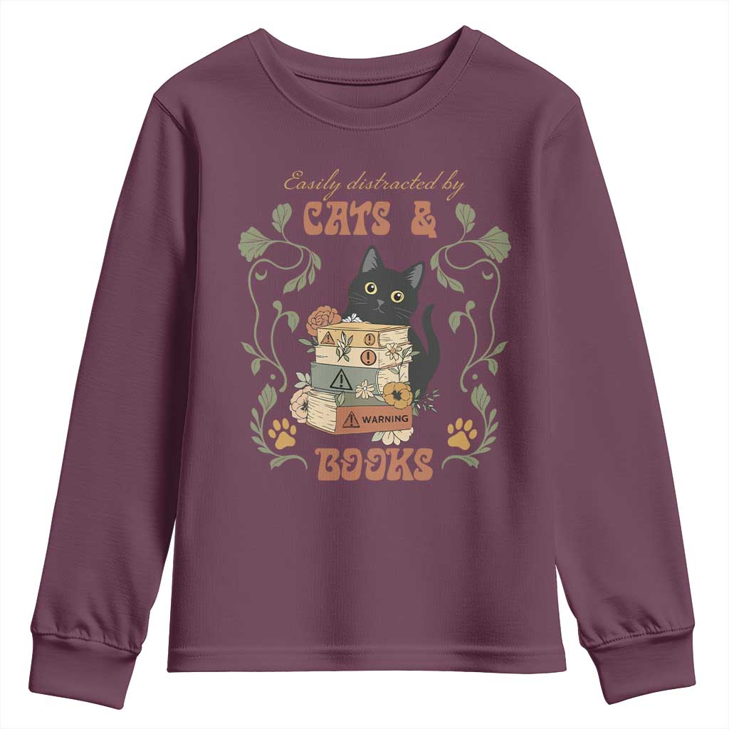 Cute Bookworm Gift Youth Sweatshirt Easily Distracted By Cats And Books - Wonder Print Shop