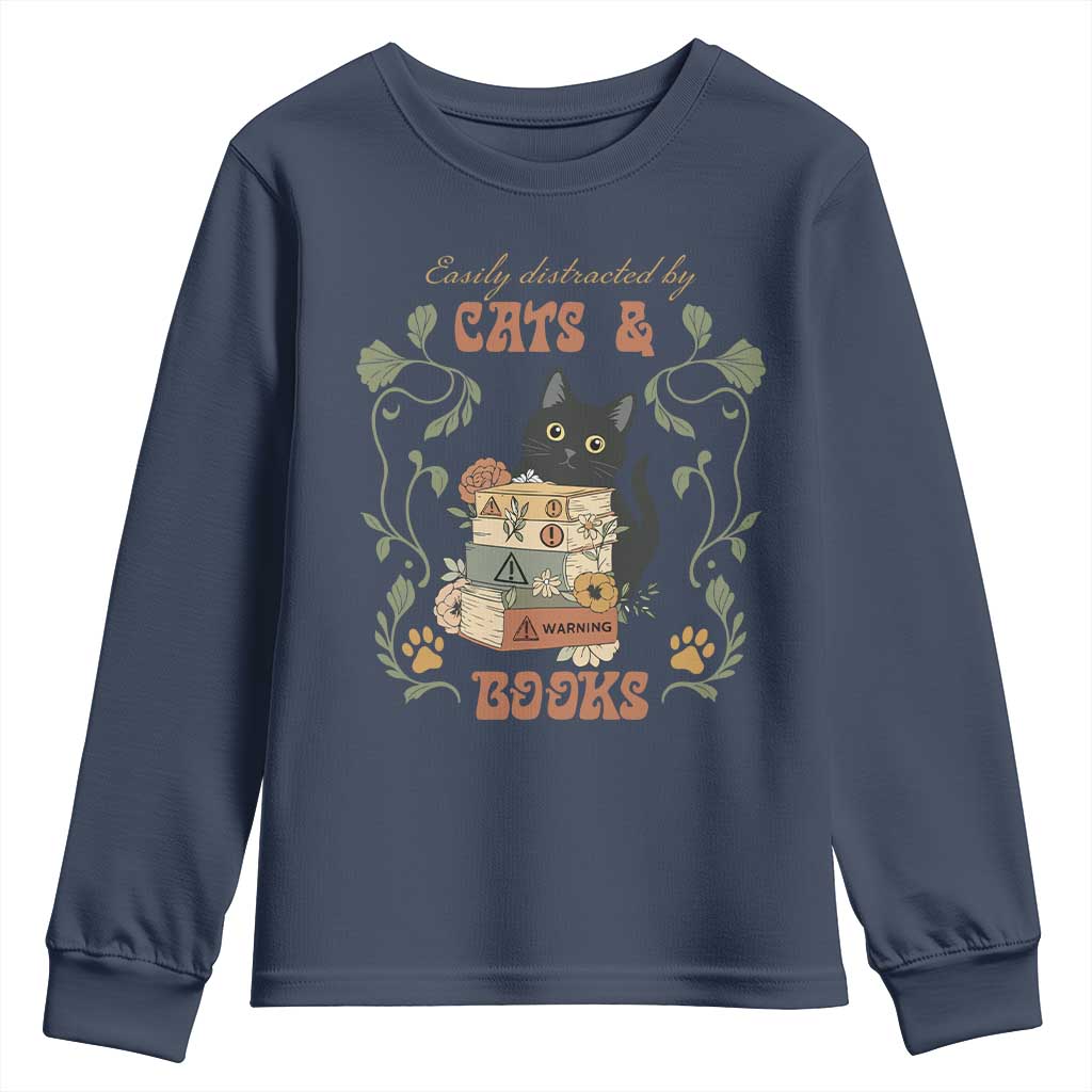 Cute Bookworm Gift Youth Sweatshirt Easily Distracted By Cats And Books - Wonder Print Shop