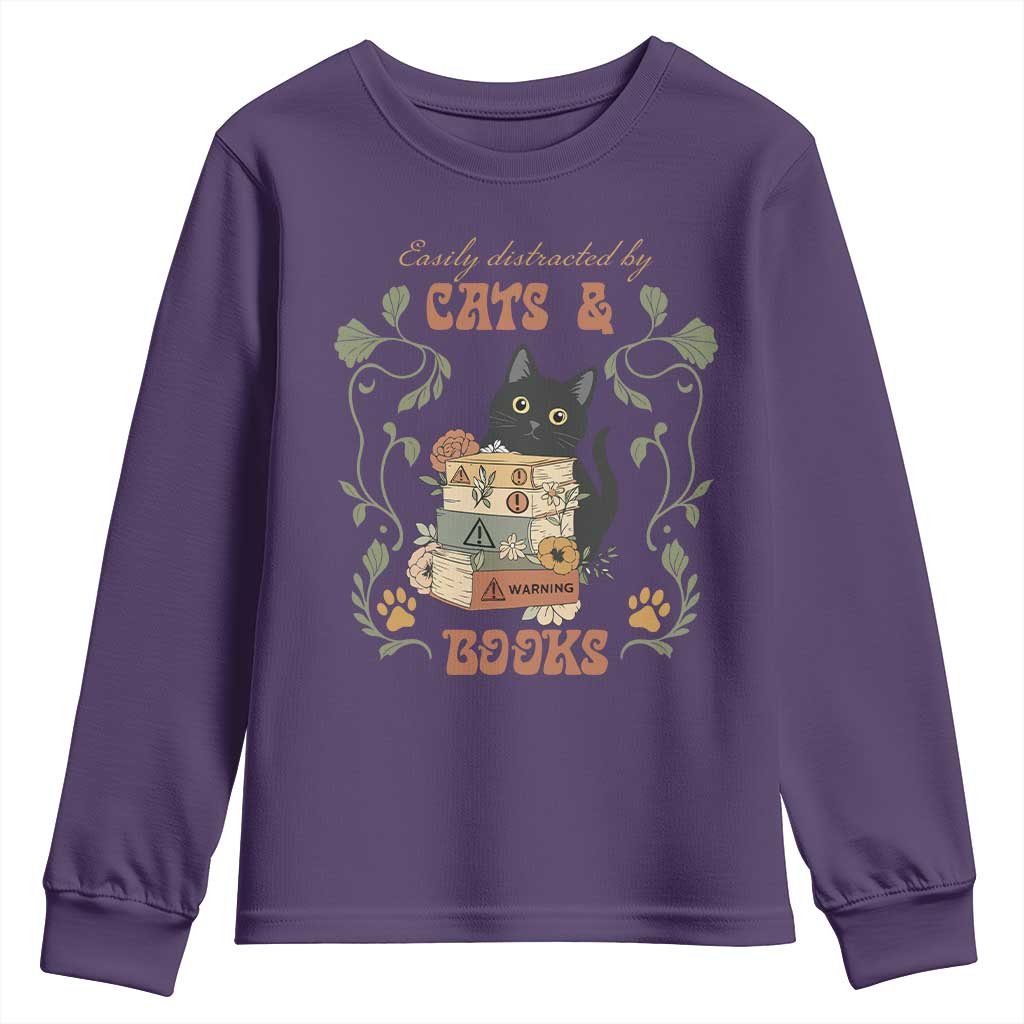 Cute Bookworm Gift Youth Sweatshirt Easily Distracted By Cats And Books - Wonder Print Shop