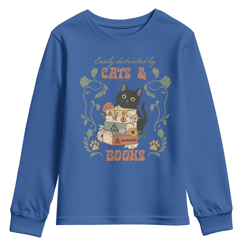 Cute Bookworm Gift Youth Sweatshirt Easily Distracted By Cats And Books - Wonder Print Shop