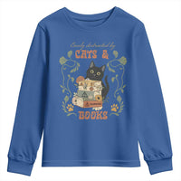 Cute Bookworm Gift Youth Sweatshirt Easily Distracted By Cats And Books - Wonder Print Shop