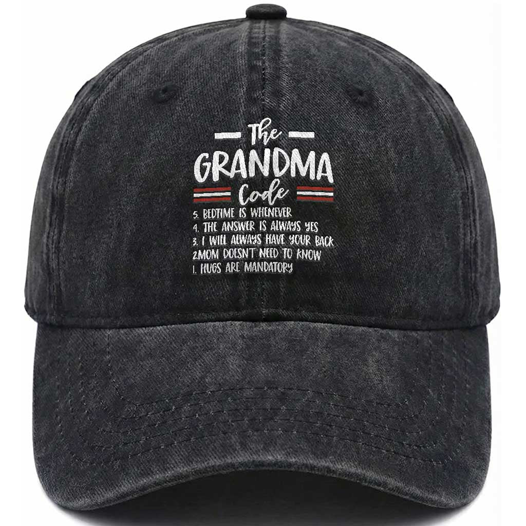 The Grandma Code Washed Cotton Baseball Cap Humorous Grandmother Rules Graphic