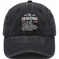 The Grandma Code Washed Cotton Baseball Cap Humorous Grandmother Rules Graphic