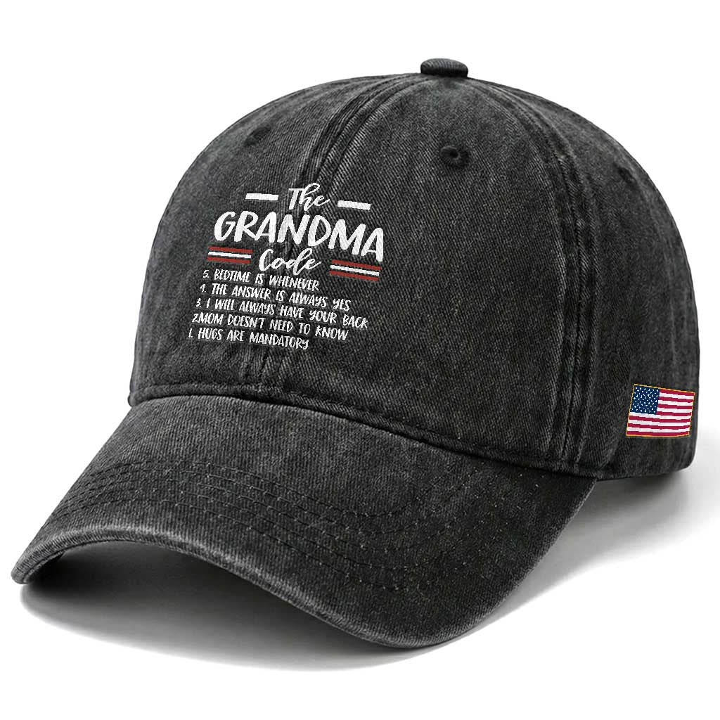 The Grandma Code Washed Cotton Baseball Cap Humorous Grandmother Rules Graphic