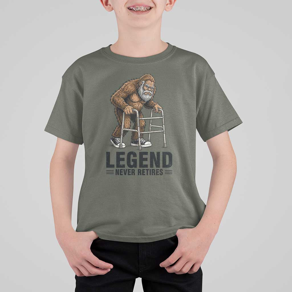 Funny Old Bigfoot Retirement Gift T Shirt For Kid Legend Never Retires