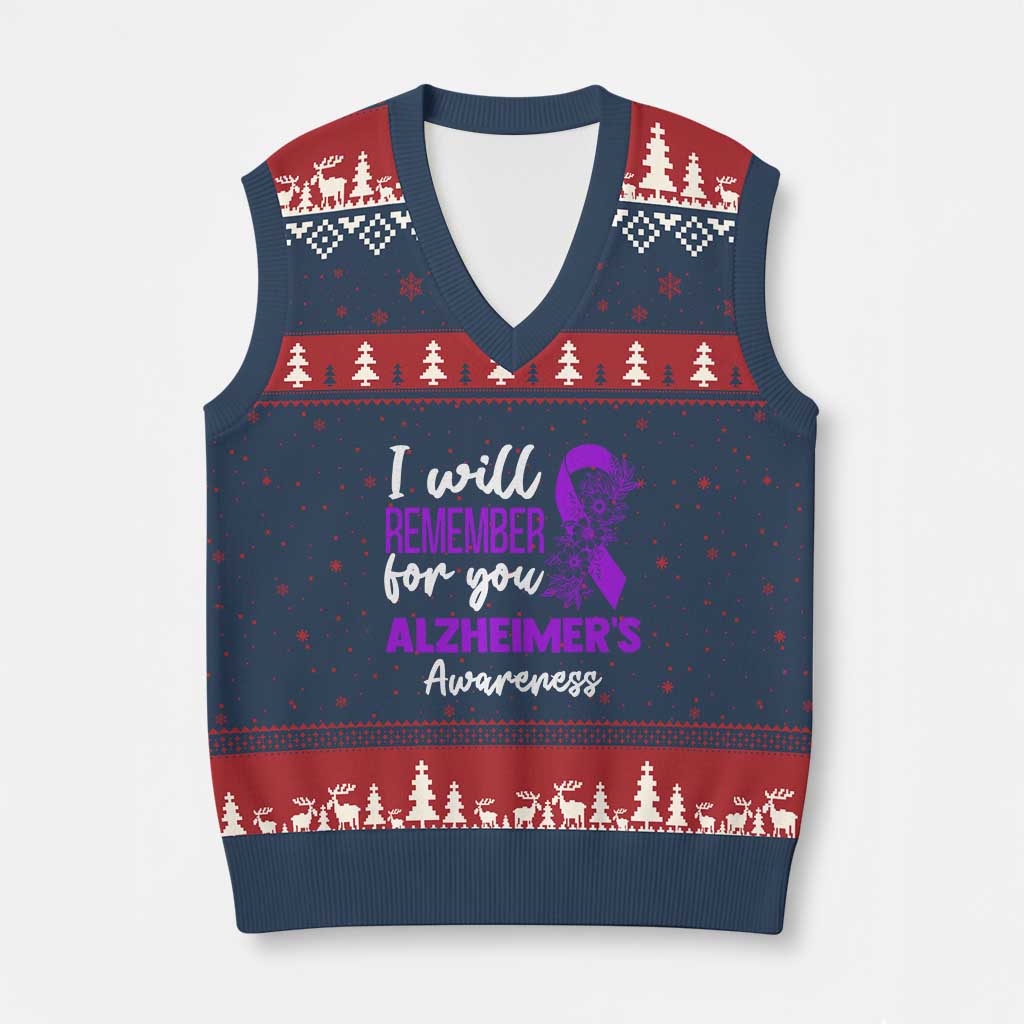 Alzheimers Caregiver Support Purple Ribbon V-Neck Knit Sweater Vest I Will Remember For You
