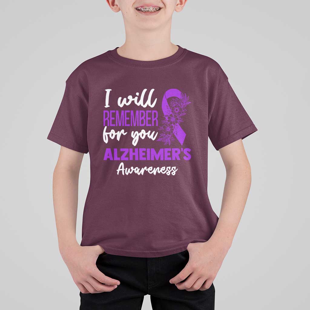 Alzheimers Caregiver Support Purple Ribbon T Shirt For Kid I Will Remember For You