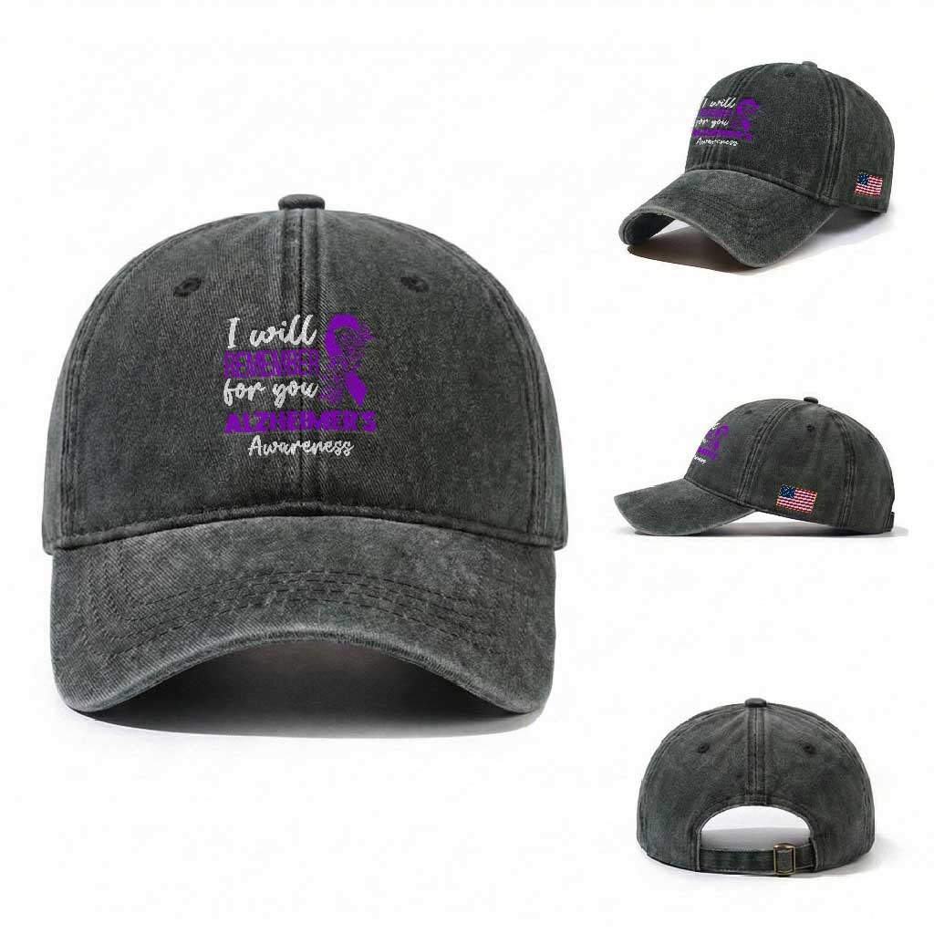 Alzheimers Caregiver Support Purple Ribbon Washed Cotton Baseball Cap I Will Remember For You