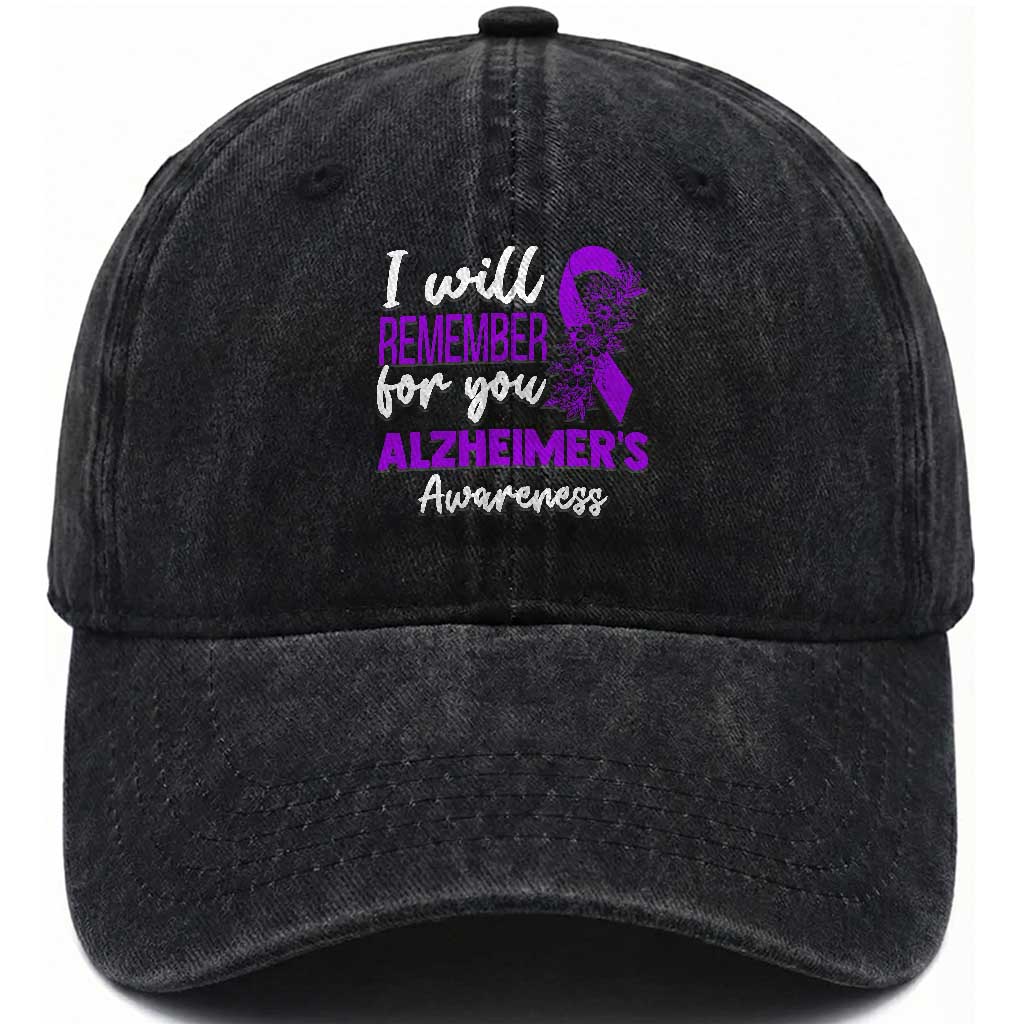 Alzheimers Caregiver Support Purple Ribbon Washed Cotton Baseball Cap I Will Remember For You