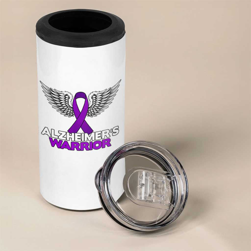 Alzheimers Warrior 4 in 1 Can Cooler Tumbler Purple Ribbon Angel Wings Memory Support Gift