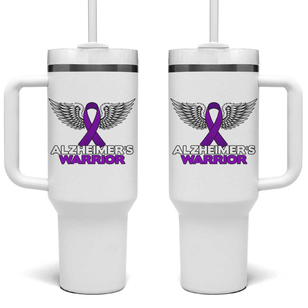Alzheimers Warrior Tumbler With Handle Purple Ribbon Angel Wings Memory Support Gift
