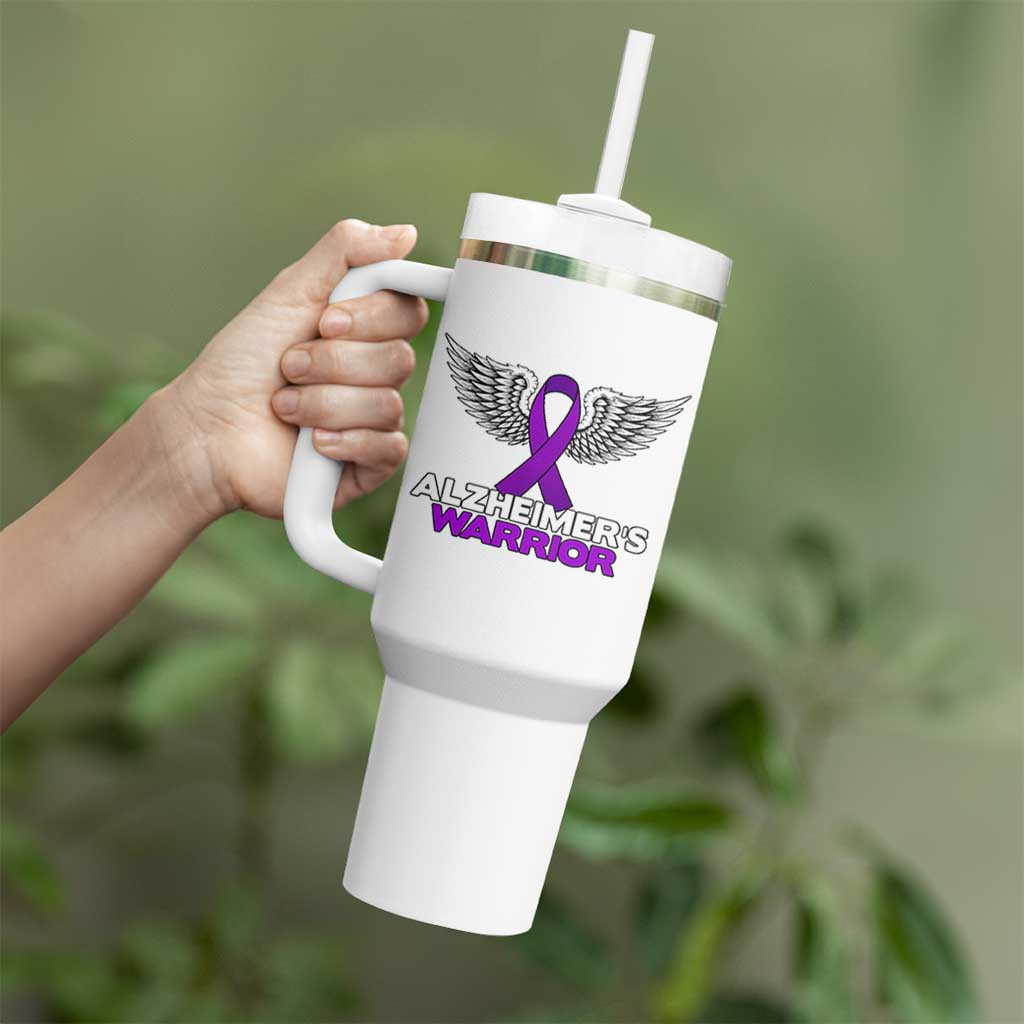 Alzheimers Warrior Tumbler With Handle Purple Ribbon Angel Wings Memory Support Gift