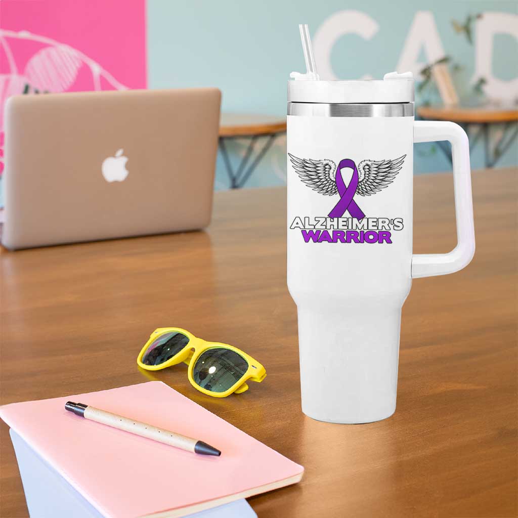 Alzheimers Warrior Tumbler With Handle Purple Ribbon Angel Wings Memory Support Gift