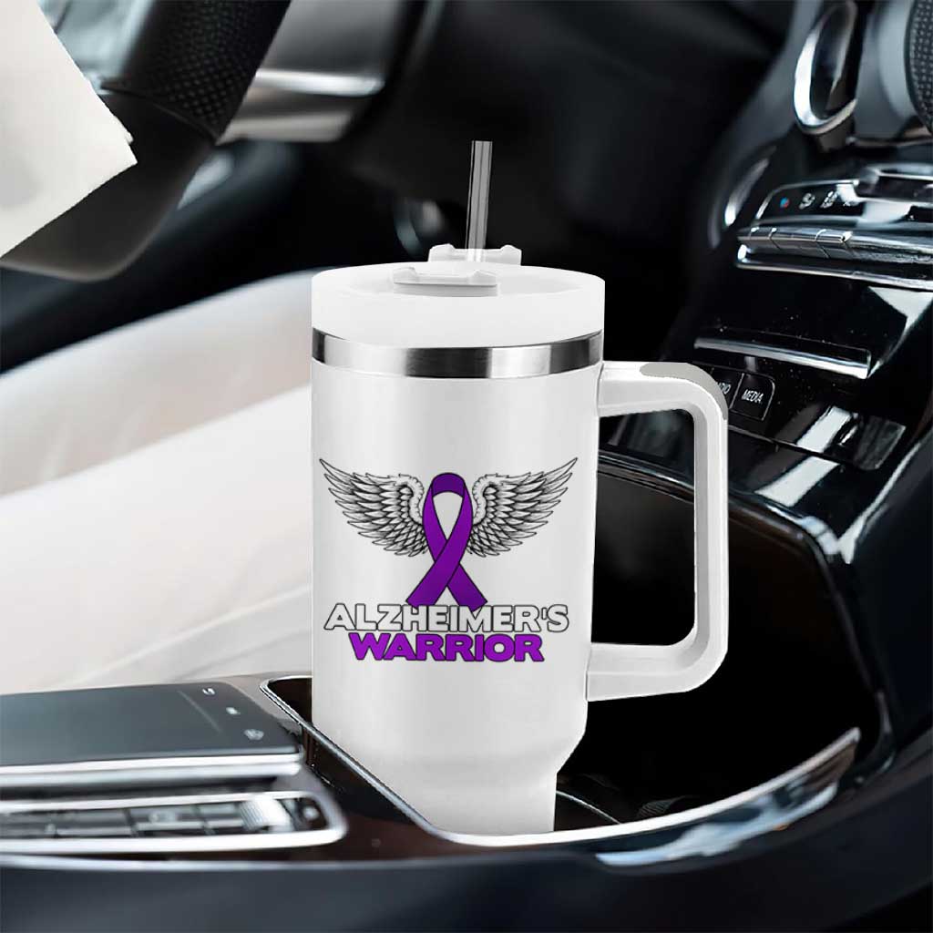 Alzheimers Warrior Tumbler With Handle Purple Ribbon Angel Wings Memory Support Gift