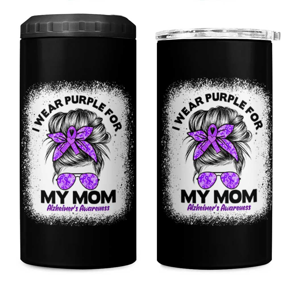 I Wear Purple For My Mom 4 in 1 Can Cooler Tumbler Alzheimers Awareness Messy Bun Graphic