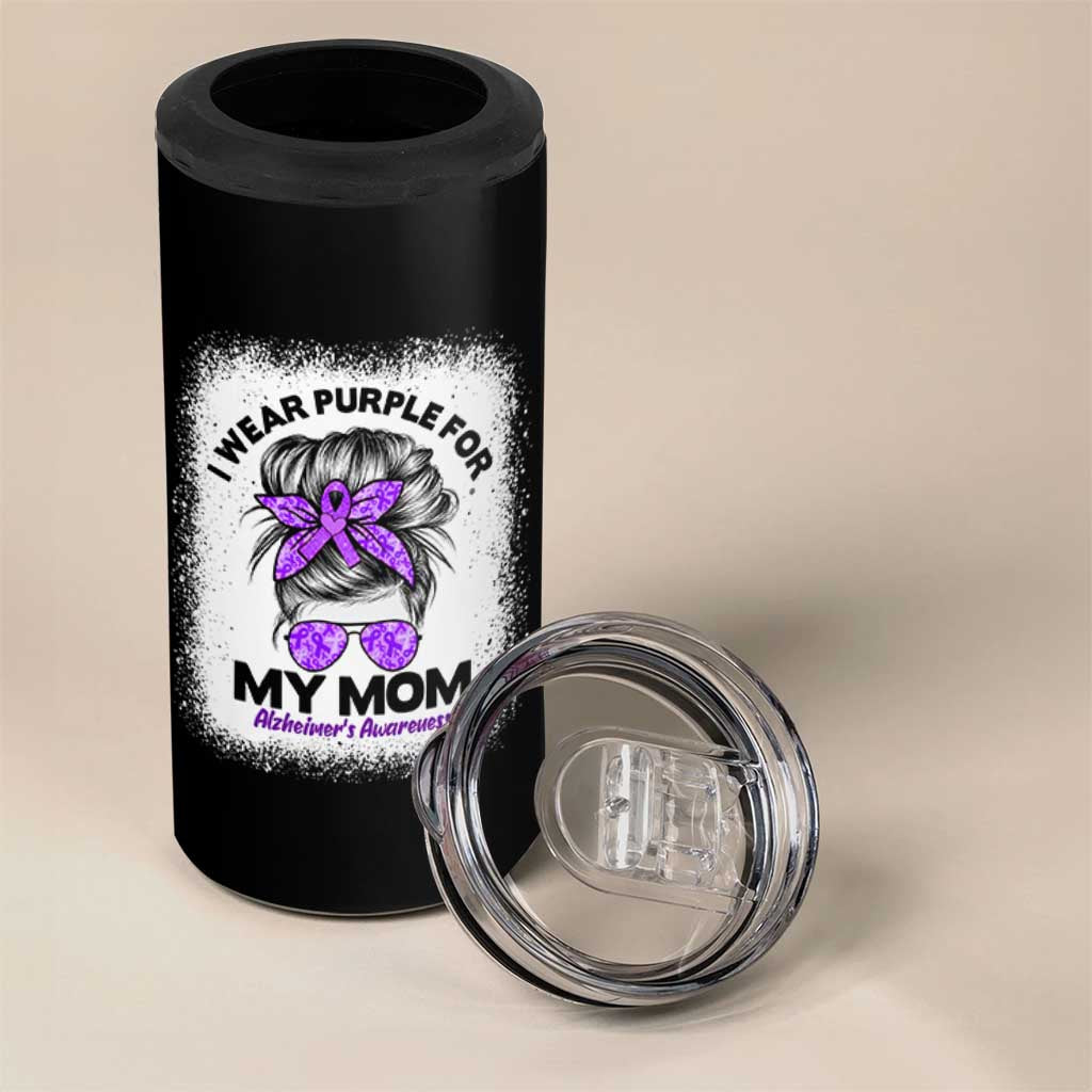 I Wear Purple For My Mom 4 in 1 Can Cooler Tumbler Alzheimers Awareness Messy Bun Graphic