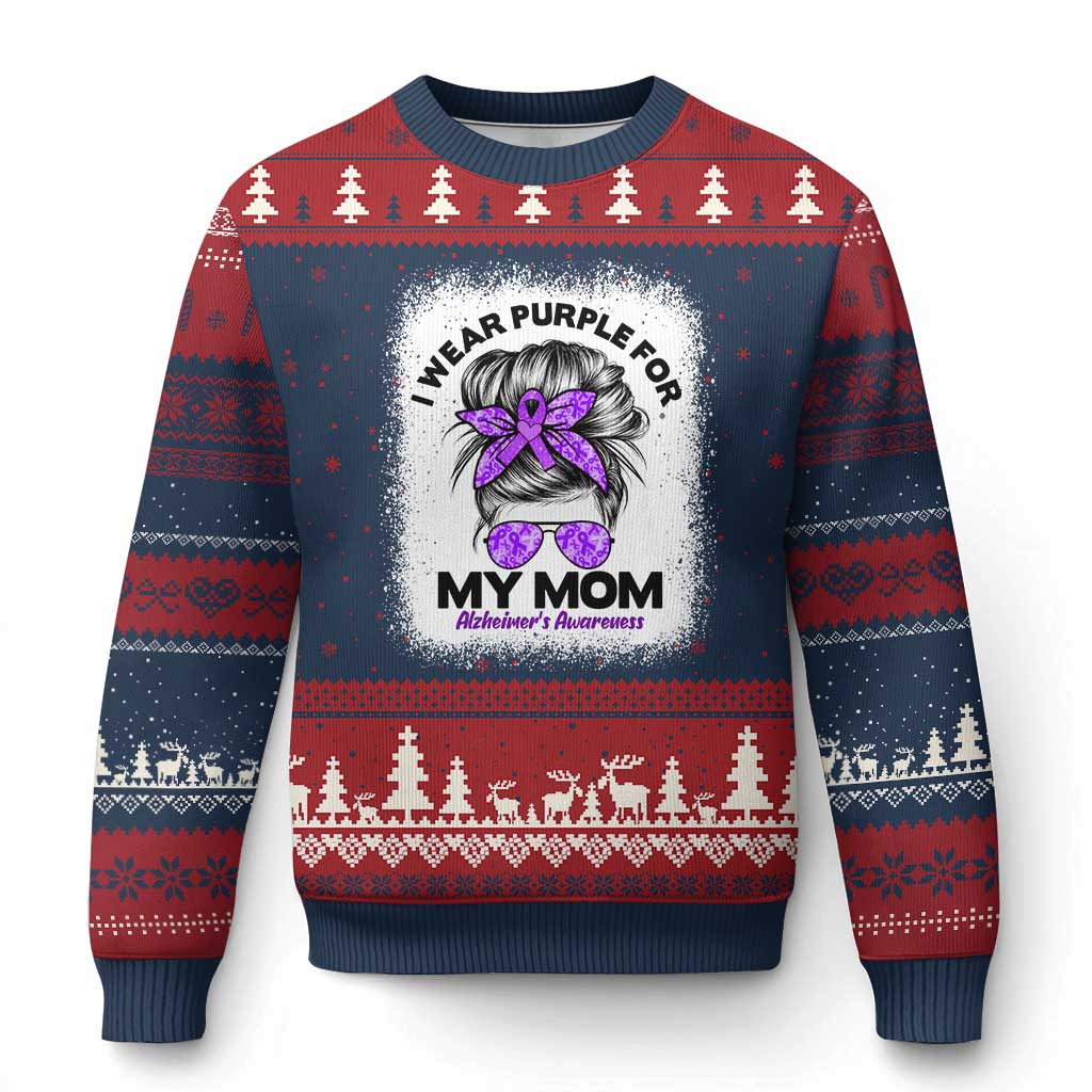 I Wear Purple For My Mom Ugly Christmas Sweater Alzheimers Awareness Messy Bun Graphic