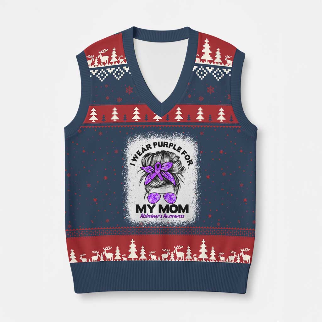 I Wear Purple For My Mom V-Neck Knit Sweater Vest Alzheimers Awareness Messy Bun Graphic