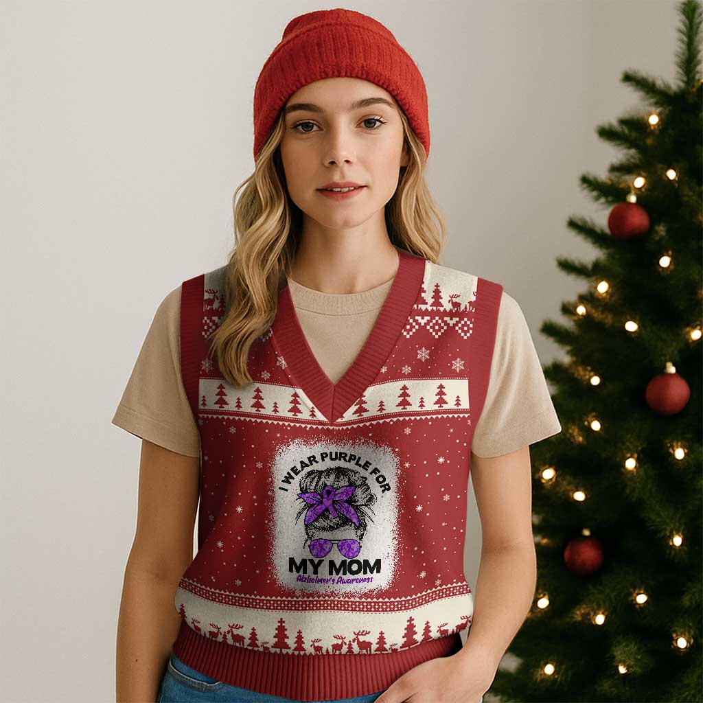 I Wear Purple For My Mom V-Neck Knit Sweater Vest Alzheimers Awareness Messy Bun Graphic