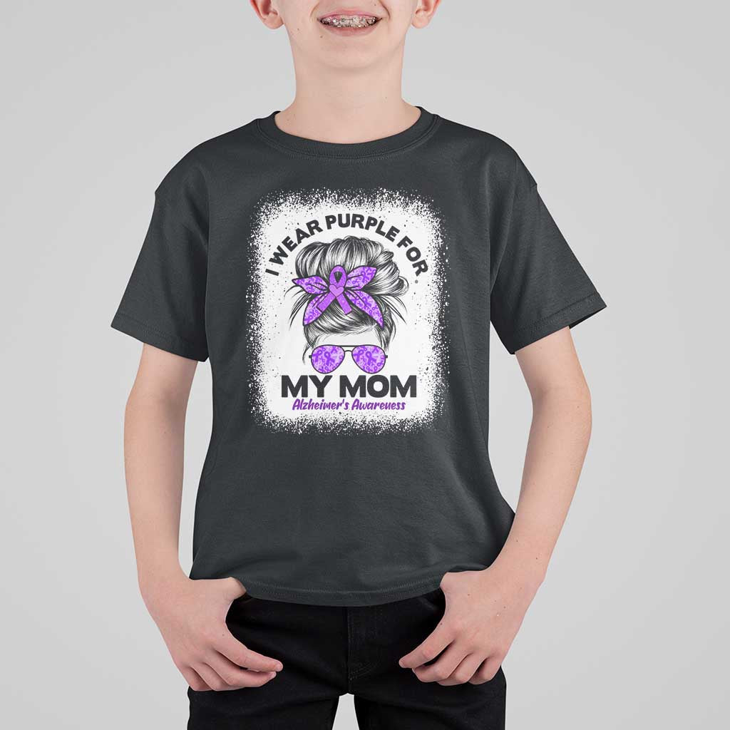 I Wear Purple For My Mom T Shirt For Kid Alzheimers Awareness Messy Bun Graphic