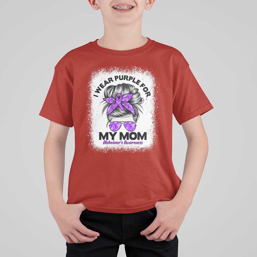 I Wear Purple For My Mom T Shirt For Kid Alzheimers Awareness Messy Bun Graphic