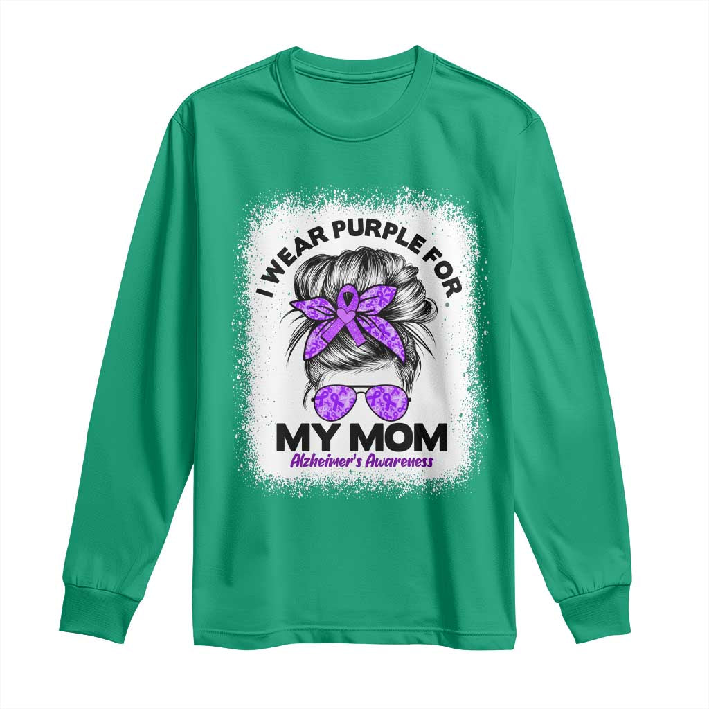 I Wear Purple For My Mom Long Sleeve Shirt Alzheimers Awareness Messy Bun Graphic