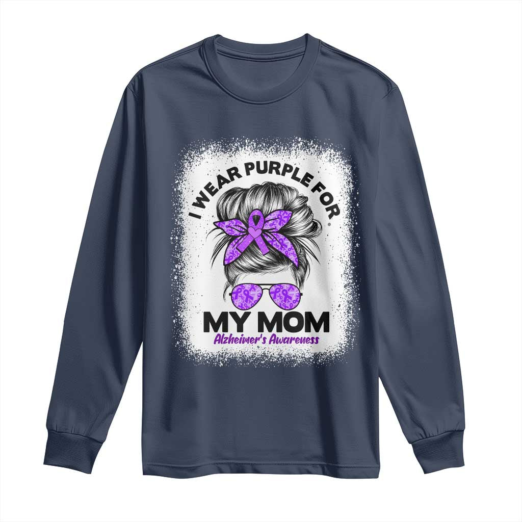 I Wear Purple For My Mom Long Sleeve Shirt Alzheimers Awareness Messy Bun Graphic