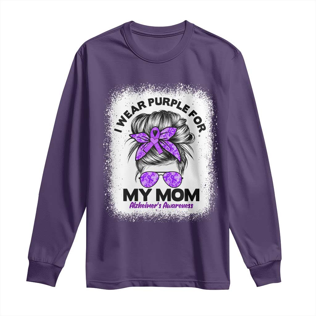 I Wear Purple For My Mom Long Sleeve Shirt Alzheimers Awareness Messy Bun Graphic