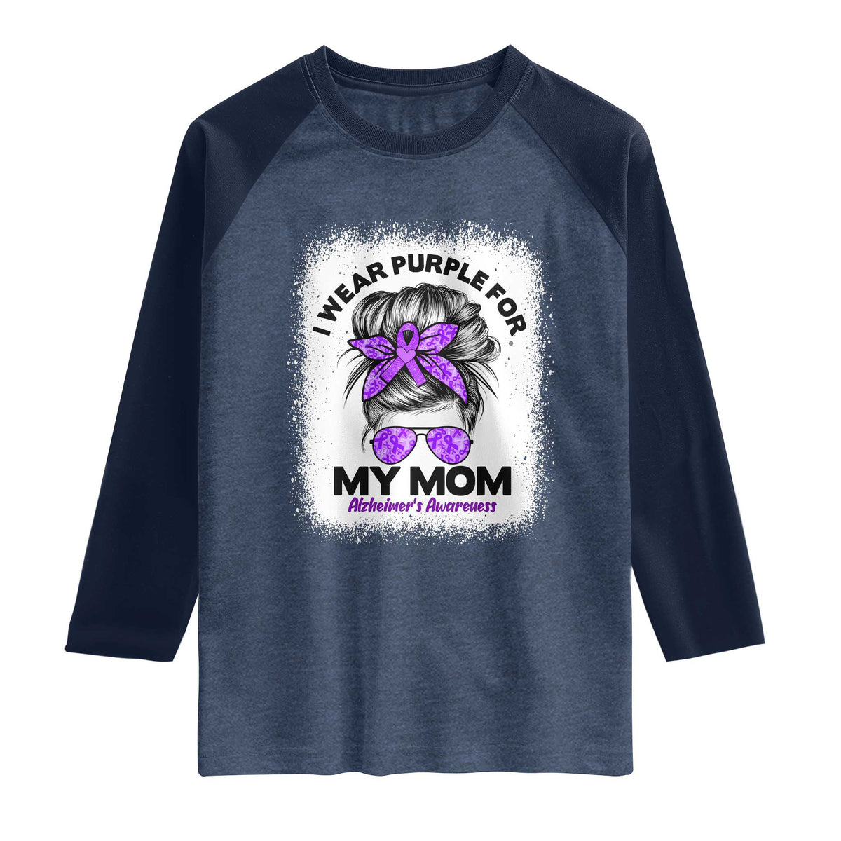 I Wear Purple For My Mom Raglan Shirt Alzheimers Awareness Messy Bun Graphic