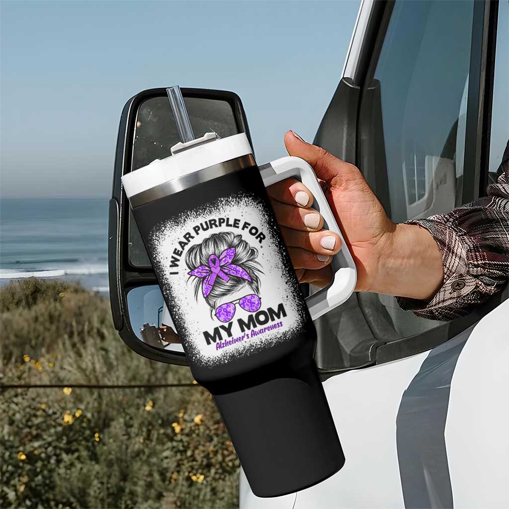 I Wear Purple For My Mom Tumbler With Handle Alzheimers Awareness Messy Bun Graphic